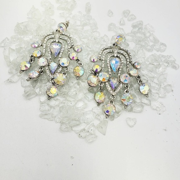 Vintage Bling Earrings Crystal Rhinestones • Large • Chandelier - Picture 2 of 4
